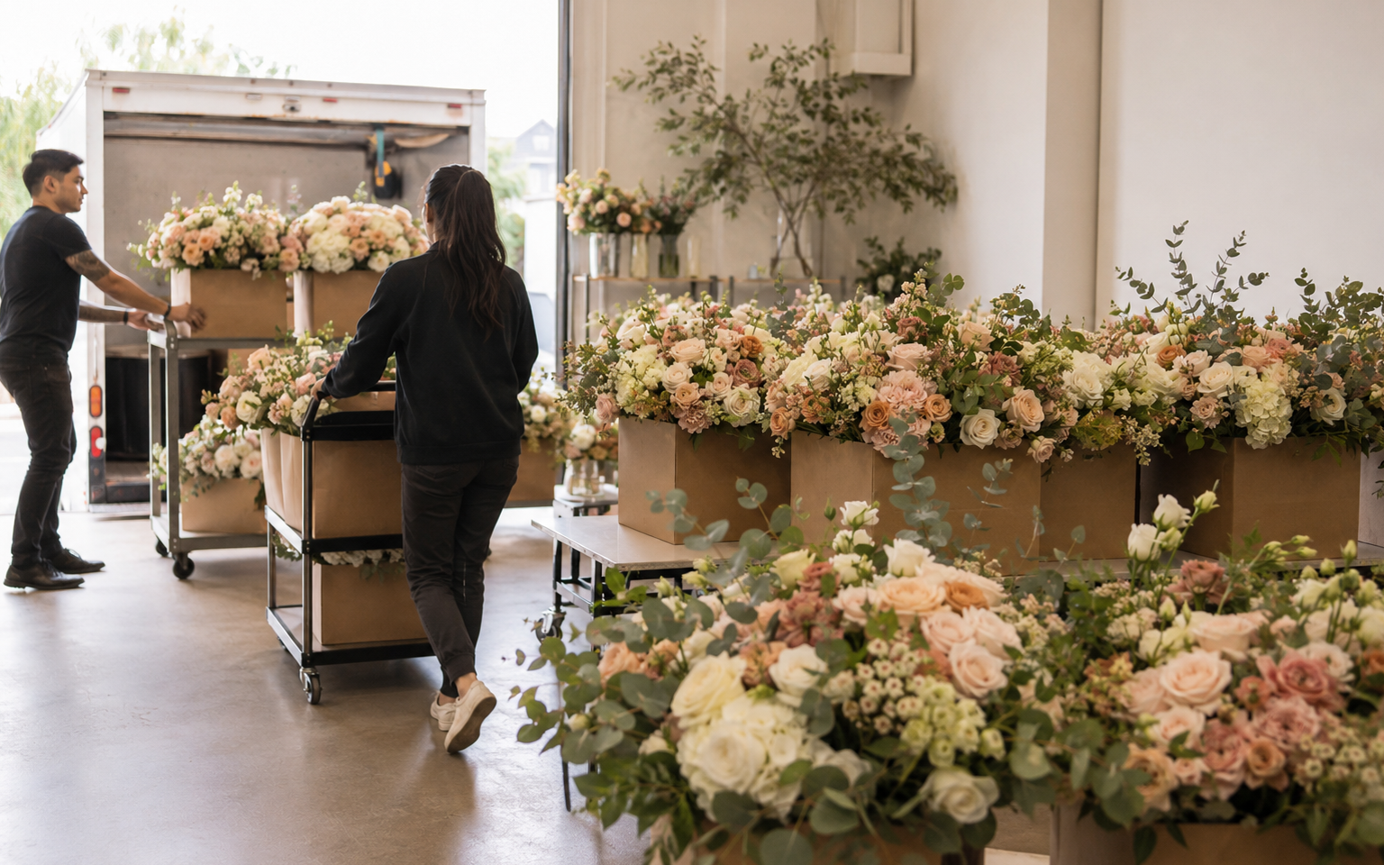 A large collection of fresh bouquets arriving at the Lavish Three processing studio