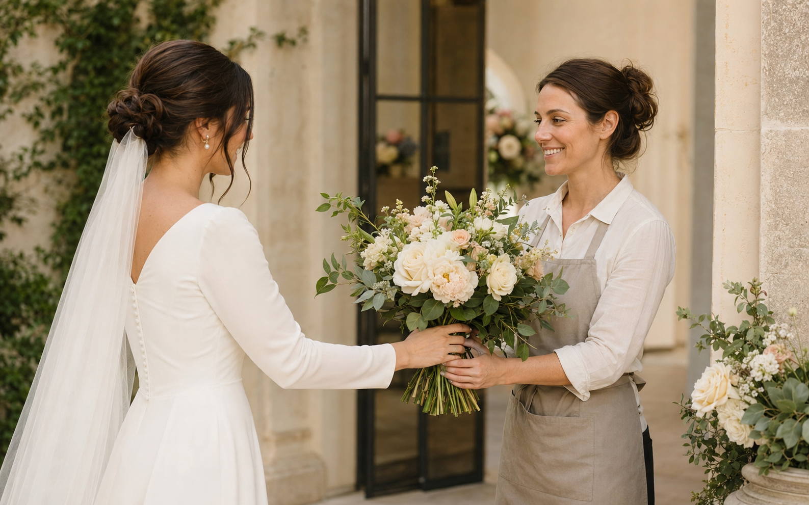 A bride passing her bouquet to a floral recovery team member after her wedding