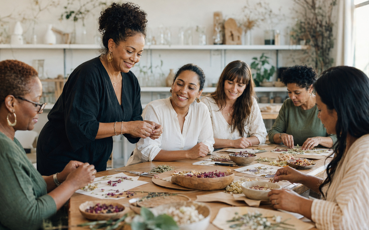 A small group working together with dried flowers during a community workshop